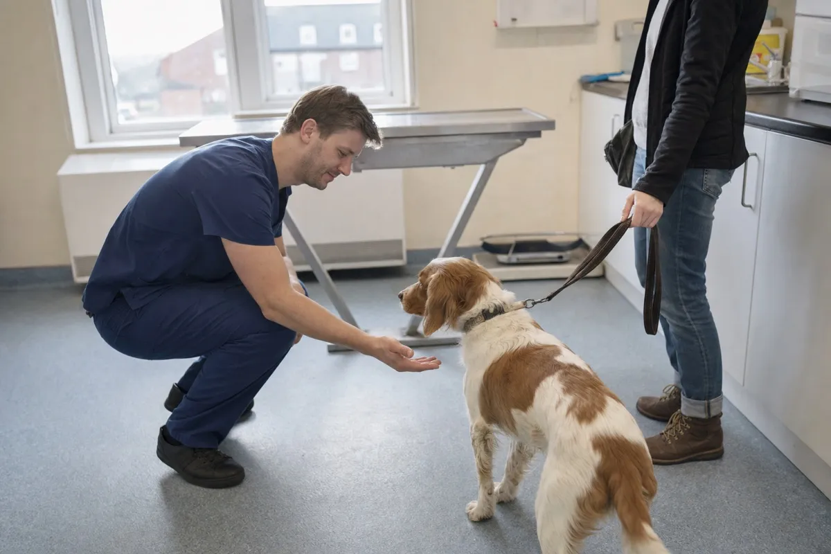 A vet crouching to greet a dog with its owner in the clinic.