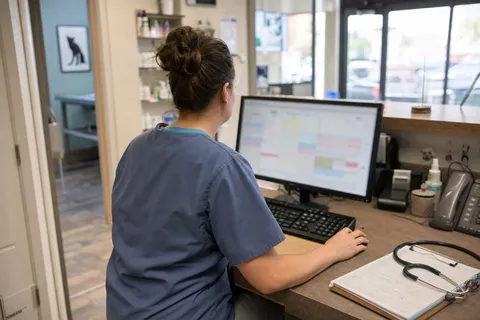 A veterinary nurse checking the day's appointments on the front-desk computer.