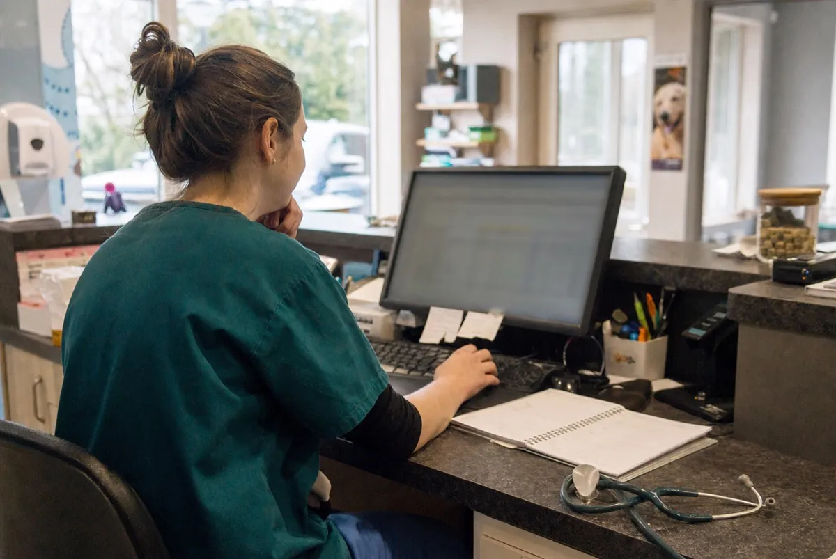 A veterinary nurse checking the day's appointments on the front-desk computer.