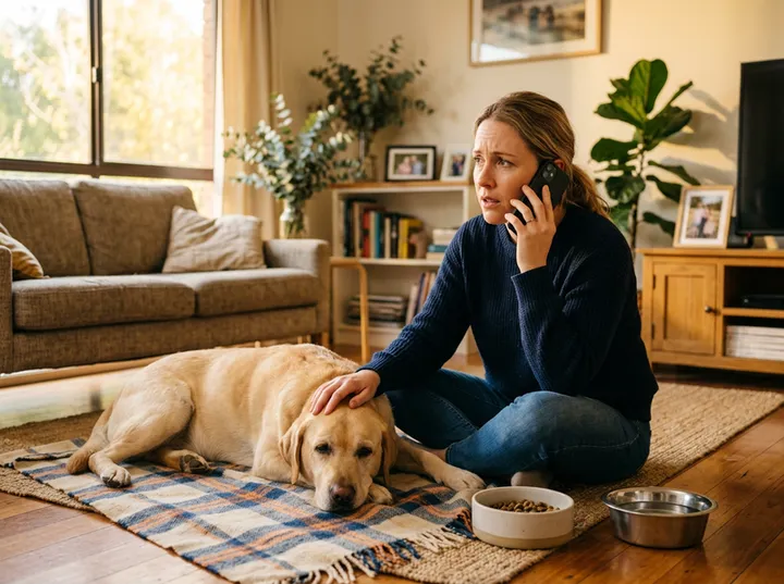 Pet owner calling vet clinic about sick dog