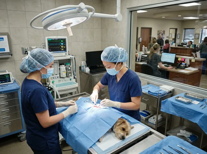 Veterinary calls being handled by AI while veterinarian is in surgery