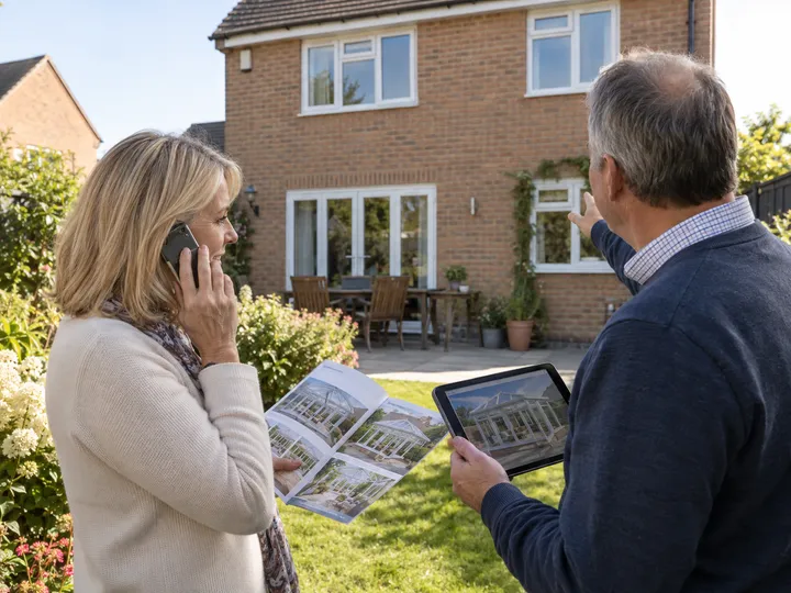 Homeowners enquiring about a conservatory installation