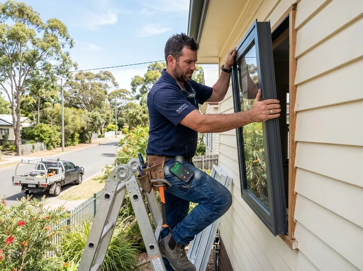 Window installer on ladder unable to answer phone while fitting aluminium windows