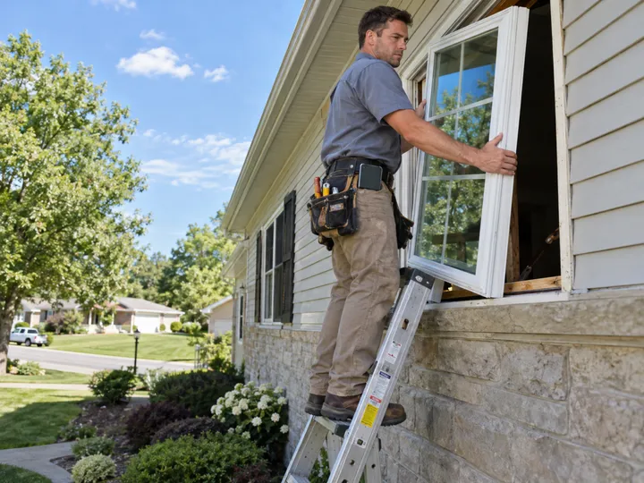 Window installer on ladder unable to answer phone while fitting a replacement window