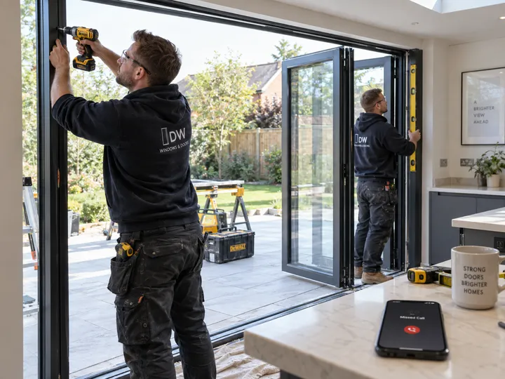 Window team busy with installation while AI handles incoming bifold door enquiry