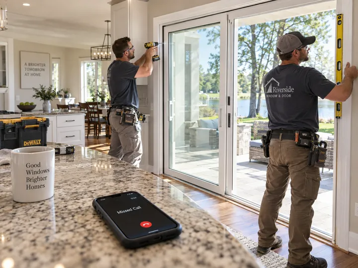 Window team busy with installation while AI handles incoming patio door inquiry