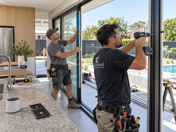 Window team busy with installation while AI handles incoming security screen enquiry