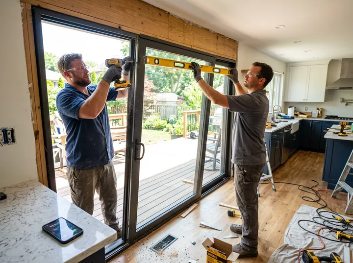 Window team busy with installation while AI handles incoming patio door inquiry